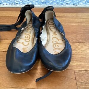 Sam Edelman Black Leather Ballet Flats with Ribbon Ankle Tie